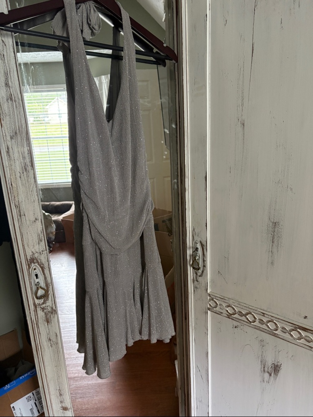 Speechless Silver-Gray Sparkly Backless Halter Dress